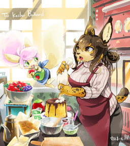 5_fingers anthro apron big_breasts bottomwear bread breasts brown_hair cake clothed clothing dessert duo female fingers food fruit fully_clothed grape green_eyes hair kemono kettle long_hair open_mouth pants pink_hair plant shirt snout standing strawberry tongue tongue_out topwear utsuki_maito felid feline mammal serval 2020