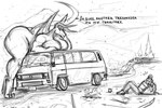 anthro big_breasts breasts campfire clothed clothing dialogue duo female fully_clothed horn huge_breasts larger_female macro male medium_truck size_difference tail truck_(vehicle) van vehicle wings boysa_228 mythology volkswagen volkswagen_bus dragon human mammal mythological_creature mythological_scalie scalie hi_res