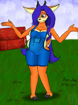 anthro barn blush breasts clothing female grass hair overalls plant pregnant purple_hair solo barn-flakes geckoguy123456789 zoey_nabwana antelope bovid gazelle mammal