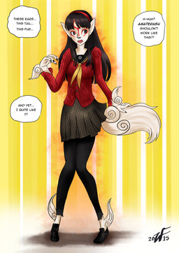 abstract_background anthro black_eyes black_hair bottomwear breasts clothed clothing dialogue fangs female fully_clothed hair hand_on_tail legwear long_hair open_mouth shirt skirt solo standing stockings surprised tail teeth text topwear transformation witchfiend atlus capcom clover_studio megami_tensei okami_(capcom) persona_(series) persona_4 sega amaterasu_(okami) yukiko_amagi canid canine canis deity mammal wolf 2015 absurd_res english_text hi_res