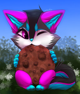 blue_body blue_fur chibi cookie fangs female feral food fur grass one_eye_closed outside pink_body pink_fur plant solo teeth wink young young_female young_feral nikolkaart yozora canid canine canis mammal wolf