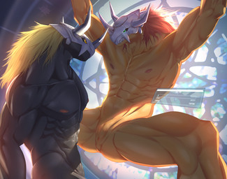 abs andromorph andromorph/male animal_genitalia anthro anthrofied armor barazoku bared_teeth black_body black_sclera blonde_hair cloaca digimorph duo genitals glass_window green_eyes hair headgear helmet horn intersex intersex/male male muscular muscular_andromorph muscular_intersex muscular_male nipples nude pecs red_hair red_nipples simple_background stained_glass vulva yellow_body yellow_skin inkudoragoon bandai_namco digimon mythology blackwargreymon digimon_(species) dragon mythological_creature mythological_scalie reptile scalie wargreymon digital_media_(artwork) hi_res