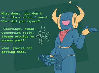 1_eye 2_horns antennae_(anatomy) balls blue_body blue_penis bodily_fluids dialogue dripping erection genital_fluids genitals gesture glans half-closed_eyes holding_own_penis holding_penis horn kerchief machine male narrowed_eyes neckerchief neckwear not_furry penis precum precum_drip shrug solo text gemsum arc_(gemsum) humanoid robot robot_humanoid english_text hi_res