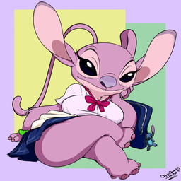 4_toes antennae_(anatomy) antennae_markings big_nose black_eyes bottomwear bow_tie breasts closed_smile clothing crossed_legs feet female fur geometric_background glistening glistening_eyes long_antennae long_ears looking_at_viewer markings mouth_closed pink_antennae pink_body pink_fur purple_markings purple_nose school_bag school_uniform shirt simple_background sitting skirt smile text thick_thighs toes topwear trinkets uniform conditional_dnp digitaldomain123 disney lilo_and_stitch angel_(lilo_and_stitch) stitch_(lilo_and_stitch) alien experiment_(lilo_and_stitch) 1:1 2026 absurd_res artist_name digital_drawing_(artwork) digital_media_(artwork) hi_res signature
