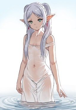 backlighting biped blue_background breasts clothed clothed_female clothed_humanoid clothing collarbone convenient_censorship dress ear_piercing eyebrow_through_hair eyebrows eyelashes female female_humanoid fingers front_view gradient_background grey_eyebrows grey_hair hair hair_covering_breasts humanoid_pointy_ears iris light light_body light_skin looking_at_viewer monotone_body monotone_clothing monotone_dress monotone_hair monotone_skin mouth_closed navel no_bra not_furry off_shoulder partially_submerged piercing pointy_ears pupils simple_background slim slim_female slim_humanoid small_breasts solo standing standing_in_water straight_hair teal_eyes translucent translucent_clothing translucent_dress translucent_hair twintails_(hairstyle) water wet wet_clothing wet_dress white_background white_clothing white_dress white_sclera wide_hipped_female wide_hipped_humanoid wide_hips zefrableu frieren_beyond_journey's_end frieren elf humanoid hi_res lighting portrait three-quarter_portrait