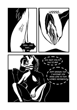 anthro being_watched breasts dialogue duo female genitals infidelity looking_at_another male masturbation nipples nude penis speech_bubble text vulva twolfe equid equine mammal zebra absurd_res aliasing comic digital_media_(artwork) english_text hi_res monochrome