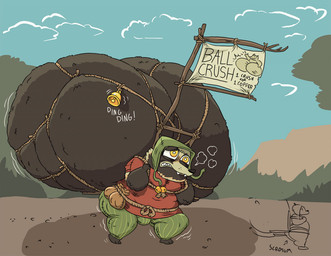advertisement anthro bag ball_rope balls balls_on_back balls_on_head barefoot bell belt big_balls blue_sky bottomwear brown_balls bulge carrying_own_balls clenched_teeth clothed clothed_anthro clothed_male clothing detailed_background fangs feet fully_clothed fully_clothed_anthro fully_clothed_male genital_rope genitals grass green_bottomwear green_clothing green_headwear green_pants headgear headwear heavy_balls holding_balls holding_own_balls huge_balls hyper hyper_balls hyper_genitalia hyper_problems male onomatopoeia outside pants peasant plant pupils red_clothing red_shirt red_topwear rope rope_around_balls rope_belt shirt shortstack sign sketch_inset sky slightly_chubby slightly_chubby_anthro slightly_chubby_male solo sound_effects struggling struggling_to_lift teeth text topwear tree waist_bag white_pupils yellow_eyes gulpspooky canid canine mammal raccoon_dog tanuki 2020 english_text