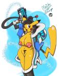 anthro anthrofied big_breasts blizzard_entertainment blue_background border breasts brown_eyes brown_hair cleft_tail clothed clothing cosplay fan_character female fur generation_1_pokemon genitals hair looking_at_viewer mammal mei_(overwatch) meichu nintendo nipples nude open_mouth overwatch partially_clothed pikachu pokemon pokemon_(species) pubes puffy_nipples pussy red_cheeks rodent simple_background smile solo stranga_(artist) tail thick_thighs weapon white_border wide_hips yellow_body yellow_fur