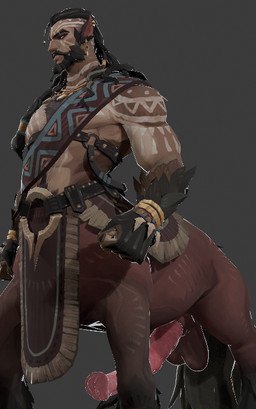 animal_genitalia animal_penis balls beard bottomwear brown_body brown_fur clothing equine_genitalia equine_penis facial_hair fur genitals hair loincloth male markings multicolored_body multicolored_fur multicolored_hair muscular muscular_male penis pointy_ears solo tribal tribal_markings ictonica european_mythology greek_mythology mythology centaur equid equid_taur humanoid_taur mammal mammal_taur taur