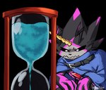 anthro belt black_body black_sclera cape claws clothing glowing glowing_eyes horn hourglass_(object) male parody solo waiting hikariluzw bandai_namco digimon digimon_ghost_game dragon_ball digimon_(species) gulusgammamon