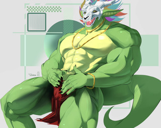 anthro biceps big_muscles big_pecs bone bone_mask bottomwear clothing feathers green_body horn loincloth looking_at_viewer male mask muscular muscular_anthro muscular_male pecs scales sitting smile solo tail tukeso1 terraria witch_doctor_(terraria) scalie digital_media_(artwork) hi_res