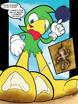 anthro beak black_background blue_eyes bomb clothing dialogue dirty dirty_feet duo explosives extreme_size_difference feathers feet foot_fetish foot_focus fur gloves green_body green_feathers grey_clothing handwear kerchief larger_male looking_down low-angle_view macro male male/male male_anthro micro simple_background size_difference smaller_male speech_bubble stomping tan_body text toes underfoot sokz sega sonic_the_hedgehog_(series) bean_the_dynamite avian bird humanoid mammal english_text hi_res
