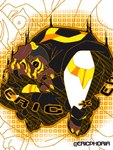 anthro black_eyes ear_piercing gold_(metal) gold_jewelry gold_markings gold_nails jewelry male markings mask mask_off piercing power solo ericphoria name canid canine canis domestic_dog mammal wolf 3:4 hi_res