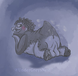 anthro anus avian_butt balls beak big_butt blush butt curling_talons curling_toes fat_rolls feathers feet flippers fluffy_balls genitals hand_on_chin head_feathers looking_back lying_on_ground male musk on_ground open_beak open_mouth overweight overweight_male perineum presenting presenting_hindquarters purple_background simple_background solo tail tattoo text wings undergreysnest surf's_up zeke_topanga avian bird emperor_penguin penguin 2025 dated english_text signature watermark