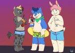 anthro bangs belly belly_overhang beverage bulge candy chocolate chocolate_milk clothing dessert flavored_milk floatie food group iced_tea inflatable kerchief male milk milkshake moobs neckerchief neckwear nipples overweight overweight_male slightly_chubby star swimwear trio bluechubbywolf calahoo_(calahootheyeen) joshie_(calahootheyeen) zeike_(bluechubbywolf) canid canine canis domestic_dog hare hybrid hyena lagomorph leporid mammal rabbit shiba_inu spitz wolf absurd_res hi_res