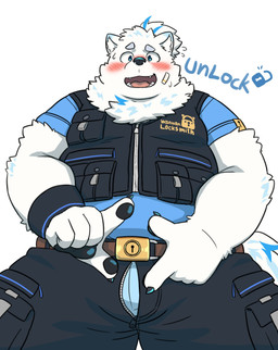 anthro belly belt blush bottomwear bulge clothed clothing eyebrows fur lock male open_bottomwear open_clothing open_pants overweight overweight_male padlock pants pawpads solo thick_eyebrows topwear underwear vest white_body white_fur reddo12340 lifewonders live_a_hero yohack canid canine canis domestic_dog mammal nordic_sled_dog samoyed spitz absurd_res hi_res