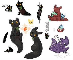 ambiguous_gender black_body black_text blue_body drawing_(action) empty_eyes gesture green_body group hand_gesture paws pointing pointing_at_self purple_body red_body sitting tail text white_eyes yellow_eyes aaasakawa rain_world videocult artificer_(rain_world) spearmaster_(rain_world) slugcat 2026 english_text hi_res