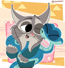 anthro blue_body blue_scales bottomwear brown_bottomwear brown_clothing brown_pants chibi clothed clothing coiling duo ear_tuft fangs feral fur green_clothing green_sweater green_topwear grey_body grey_fur kissing_cheek male male/male outline pants scales smile sweater teeth topwear tuft whiskers white_outline ottotopus disney zootopia gary_de'snake pawbert_lynxley canada_lynx felid feline lynx mammal pit_viper reptile scalie snake viper 2026 digital_media_(artwork) signature