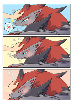ambiguous_gender anthro blue_eyes blush blush_lines bodily_fluids claws drooling duo eyes_closed fur grey_body grey_fur hair headpat red_hair saliva simple_background sleeping sound_effects sparkles stubborn tired tongue tongue_out vowelless vowelless_sound_effect zzz rocking_jjj nintendo pokemon generation_5_pokemon human mammal pokemon_(species) zoroark 2025 absurd_res comic hi_res