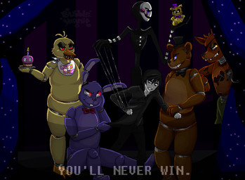 exposed_endoskeleton glowing glowing_eyes group hook hook_hand machine male pirate plushie puppet bubblehermit five_nights_at_freddy's five_nights_at_freddy's_2 scottgames bonnie_(fnaf) chica_(fnaf) cupcake_(fnaf) foxy_(fnaf) fredbear_(fnaf) freddy_(fnaf) marionette_(fnaf) animatronic avian bear bird canid canine chicken fox galliform human lagomorph leporid mammal phasianid rabbit robot aliasing digital_media_(artwork)