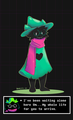 black_body black_fur clothed clothing eyewear fur hat headgear headwear heart_symbol looking_at_viewer male scarf solo text aronhilistix deltarune undertale_(series) ralsei bovid caprine darkner goat mammal 2018 absurd_res digital_media_(artwork) english_text hi_res