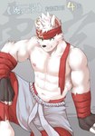 abs anthro biceps bottomwear clothing ear_piercing fingerless_gloves fur gloves green_eyes grin hair handwear male muscular muscular_male nipples pants pecs piercing shirtless_male simple_background smile solo white_body white_fur zoharwolf elysium_above dong_xuan canid canine canis domestic_dog mammal hi_res