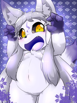 4_fingers anthro biped black_nose black_sclera blue_mouth blue_tongue blush breasts chest_tuft cute_fangs dipstick_ears dipstick_tail ear_markings eye_markings eyelashes facial_markings fangs featureless_breasts featureless_crotch female female_anthro fingers floral_pattern fluffy fluffy_ears fluffy_tail front_view fur glistening glistening_body glistening_breasts glistening_fur glistening_hair grey_body grey_ears grey_fur grey_hair grey_inner_ear grey_inner_ear_fluff hair head_markings heart_symbol humanoid_hands inner_ear_fluff kemono loli long_hair looking_at_viewer markings monotone_hair multicolored_body multicolored_ears multicolored_fur nude open_mouth pattern_background paw_pose pose purple_body purple_ears purple_fur purple_markings purple_tail raised_arm ringed_eyes simple_background slightly_chubby small_breasts solo standing tail tail_markings teeth thick_thighs tongue tuft two_tone_ears two_tone_tail white_body white_fur white_tail wide_hips yellow_eyes young young_anthro young_female kanzaki_ryuto wazawai_kitsune_no_kuzure-chan kuzure-chan canid canine fox mammal 3:4 absurd_res digital_media_(artwork) hi_res portrait three-quarter_portrait