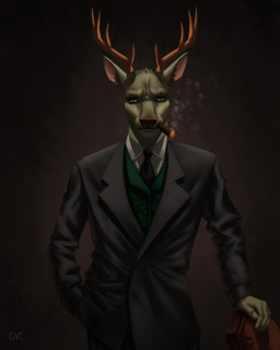 anthro antlers black_bottomwear black_clothing black_necktie black_pants black_suit black_suit_jacket blank_stare bottomwear cigar clothed clothed_male clothing collared_shirt dress_shirt fully_clothed fully_clothed_male fur green_clothing green_topwear green_vest hand_in_pocket hand_on_chair horn looking_at_viewer male male_anthro necktie pants pink_nose pockets shirt smoke smoking smoking_cigar solo suit tan_body tan_fur topwear vest white_dress_shirt guyinvintageclothes roland_cross deer mammal 2025 digital_media_(artwork) half-length_portrait hi_res portrait shaded signature