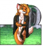 anthro biped breasts clothed clothing covering covering_self crossgender female fur grass green_eyes hair long_hair nipples open_clothing open_shirt open_topwear orange_body orange_fur orange_hair partially_clothed plant shirt solo standing tail topwear foxxfire foxxfire_(character) canid canine fox mammal 1995