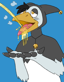 anthro beak bodily_fluids clothed clothing drinking drinking_urine genital_fluids jester male offscreen_character open_mouth peeing simple_background solo tongue urinal urine urine_in_mouth urine_stream watersports white_body yellow_eyes leveretry ravrow avian bird absurd_res hi_res