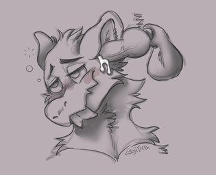 ambiguous_anthro ambiguous_gender ambiguous_penetrated animal_genitalia animal_penis anthro anthro_penetrated balls blush bodily_fluids bubble canine_genitalia canine_penis cum cum_in_ear cum_inside disembodied_penis drunk drunk_bubble duo ear_penetration eye_roll eyebrows forked_tongue fur genital_fluids genitals grey_background knot looking_pleasured male male/ambiguous male_penetrating male_penetrating_ambiguous narrowed_eyes penetration penile penile_penetration penis penis_in_ear sex simple_background smile snout solo_focus substance_intoxication tongue tongue_out vein veiny_penis gojiteeth buttercup_(gojiteeth) crocodile crocodilian furred_scalie hybrid mammal reptile scalie 2021 digital_drawing_(artwork) digital_media_(artwork) greyscale headshot_portrait monochrome portrait shaded signature sketch soft_shading trans_(lore) trans_man_(lore)