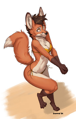 anthro bikini breasts brown_body brown_fur brown_hair brown_tail clothed clothed_anthro clothed_female clothing countershade_torso countershading female fingers front_view fur hair high-angle_view medium_breasts navel simple_background solo standing swimwear tail two-piece_swimsuit white_background yellow_eyes foxovh golden_week canid canine fox mammal 2024 9:14 hi_res