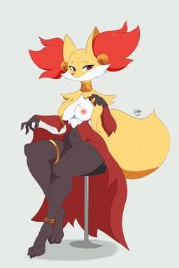 anklet anthro areola big_breasts breasts female furniture inner_ear_fluff jewelry nipples nude red_eyes simple_background sitting_on_stool solo stool tail thick_thighs tuft white_background wide_hips hidden-cat nintendo pokemon delphox generation_6_pokemon pokemon_(species) hi_res