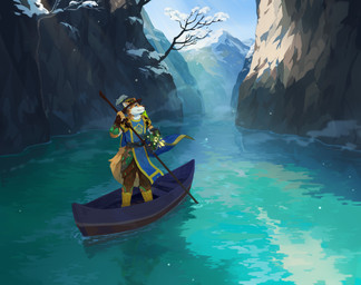 anthro blue_clothing blue_eyes blue_topwear boat bottomwear brown_bottomwear brown_clothing brown_hat brown_headwear brown_pants closed_smile clothed clothing fur glistening glistening_eyes hat headgear headwear looking_up male mountain mouth_closed orange_body orange_fur outside pants plant river smile snow solo standing three-quarter_view topwear tree unsigned vehicle water watercraft white_body white_fur corzh77 canid mammal absurd_res full-length_portrait hi_res portrait