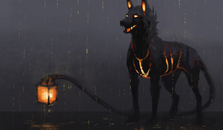 ambiguous_gender black_nose feral glowing glowing_eyes lamp lantern open_mouth quadruped raining solo standing jademerien canid canine mammal digital_media_(artwork) hi_res