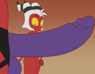 anthro balls chastity_cage chastity_device dildo duo female genitals horn lock male penis sex_toy strapon kamikiller hellaverse helluva_boss millie_(helluva_boss) moxxie_(helluva_boss) demon imp hi_res