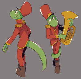 anthro biped blush brass_instrument clothed clothing green_body headgear headwear male marching_band_uniform multiple_angles musical_instrument simple_background smile solo tongue tongue_out tuba uniform wind_instrument flookz timothyt lizard reptile scalie 2017 digital_media_(artwork) hi_res