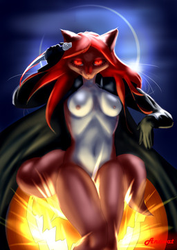 5_fingers anthro breasts eyelashes female fingers food fruit fur furniture hair holidays looking_at_viewer lying plant pumpkin red_body red_eyes red_hair sitting smile solo straddling anawat halloween canid mammal absurd_res hi_res