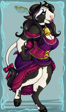 accessory anthro bell bow_(feature) bow_accessory bow_ribbon breasts clothing collar corset curved_horn curvy_figure dancing female furgonomics horn lingerie ribbons solo tail tail_accessory tail_bow tail_ribbon topwear voluptuous deervvitch mary_(marefurryfan) bovid bovine cattle dairy_cattle holstein_friesian_cattle mammal 2012