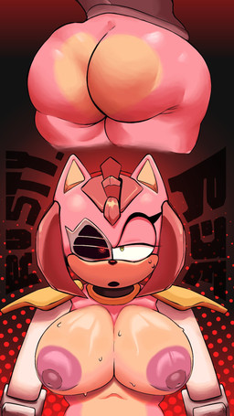anthro big_breasts big_butt bodily_fluids breasts butt cybernetic_arm cybernetic_limb cybernetics female machine nipples pink_nipples shoulder_blades solo sweat bullseyehitmark netflix sega sonic_prime sonic_the_hedgehog_(series) amy_rose rusty_rose cyborg eulipotyphlan hedgehog mammal 9:16 hi_res
