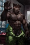 abs anthro balls biceps black_body black_fur bodily_fluids brown_body brown_fur clothed clothing detailed_background ear_piercing ear_ring eyebrows flaccid fur genitals gesture hairy humanoid_genitalia humanoid_penis inside looking_at_viewer male male_anthro mechanic muscular muscular_male navel nipples penis penis_base piercing presenting presenting_penis pubes ring_piercing solo sweat topless tusks undressing vein veiny_penis waving chunie mammal suid suine sus_(pig) wild_boar 2021 adobe_photoshop_(artwork) digital_media_(artwork) digital_painting_(artwork) hi_res painting_(artwork)