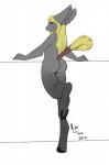 anthro blonde_hair butt fur grey_body grey_fur hair hooves long_hair looking_at_viewer looking_back male nude pink_nose purple_eyes raised_leg raised_tail rear_view simple_background smile solo tail tail_wraps text white_background wraps yellow_body yellow_fur nightfaux night_(nightfaux) canid canine fennec_fox fox hybrid mammal true_fox 2012 digital_media_(artwork) english_text hi_res