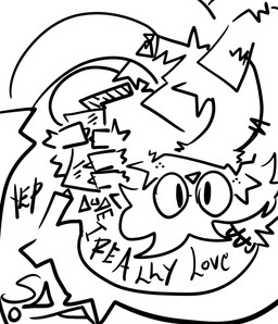 4_fingers ambiguous_gender anthro arm_tuft black_text cheek_tuft chest_tuft claws clothed clothing container cup cup_in_hand drinking_straw ear_piercing facial_tuft fangs fingers freckles fur gesture hair hand_gesture hand_tuft head_tuft jacket long_neck monochrome_body piercing pointing rolled_up_sleeves sharp_teeth simple_background simple_eyes simple_face simple_nose solo speech_bubble teeth text thick_outline toony topwear tuft unusual_anatomy what white_background white_body white_fur zipper zipper_jacket zipper_pull_tab dotx fan_character canid canine canis mammal wolf absurd_res digital_drawing_(artwork) digital_media_(artwork) hi_res monochrome