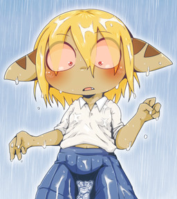 anthro blonde_hair blue_background blush bottomwear brown_body clothing fangs female hair raining shirt simple_background skirt solo teeth topwear wet wet_body wet_clothing wet_hair young young_anthro young_female doneru tany_(doneru) bamfear hi_res adult_(lore)