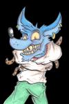 2020 activision alpha_channel anthro blue_body blue_fur bottomwear clothed clothing crash_bandicoot_(series) ear_piercing fangs front_view fur grin hair hi_res kangaroo krolik legwear looking_at_viewer macropod male mammal marsupial pants piercing portrait pose red_eyes restrained restraints ripper_roo sharp_teeth signature smile solo straitjacket teeth traditional_media_(artwork) yellow_sclera