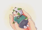 all_fours anthro black_nose blush bottomwear butt carrying_another chibi clothing cute_fangs duo electronics fangs green_body headphones humanoid_hands kemono male micro pants slightly_chubby solo_focus teeth igarashi_ta lifewonders live_a_hero mokdai canid canine canis domestic_dog mammal 2022