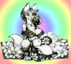 3_toes animal_genitalia anthro balls big_balls big_breasts bra breasts clothing daisy_(flower) feet flower genitals gynomorph huge_balls hyper hyper_balls hyper_genitalia intersex jewelry lace necklace plant sheath solo toes underwear miscell canid canine fox mammal 2015 graphite_(artwork) traditional_media_(artwork)