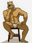 anthro bodily_fluids briefs bulge clothing eye_patch eyewear furniture male red_eyes scar simple_background sitting solo stool sweat teeth_showing underwear white_background white_clothing white_underwear yellow_sclera thegreatmatsutzu drakuun dard felid feline mammal 2020