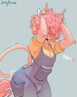 big_butt blep bulge butt ear_piercing ear_ring femboy fur hair hair_over_eyes male piercing pink_body pink_fur pink_hair ring_piercing simple_background solo standing tongue tongue_out jolly_ruine animal_humanoid bovid bovid_humanoid humanoid mammal mammal_humanoid hi_res