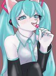 anthro blue_eyes blush breasts clothed clothing cosplay female fur hair long_hair looking_at_viewer open_mouth simple_background smile solo white_body softspecies vocaloid hatsune_miku domestic_cat felid feline felis mammal 3:4 absurd_res digital_media_(artwork) hi_res